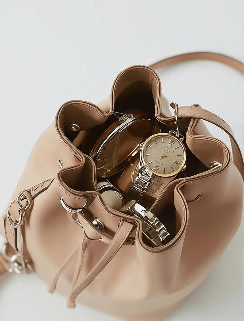 Beige Modern Leather Bucket Bag - Image 3