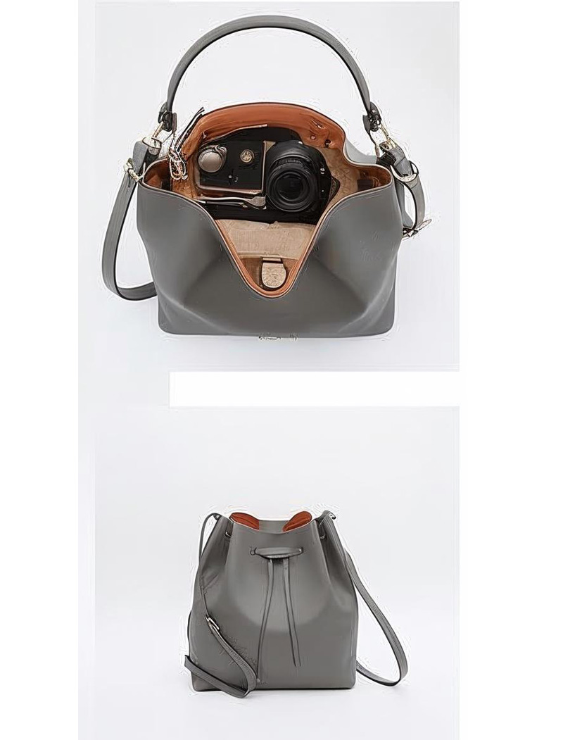 Grey Modern Leather Bucket Bag - Image 3