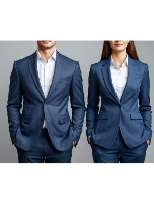 Uniform manufacturer Professional corporate uniform a male and a female office employee wearing matching company suits.