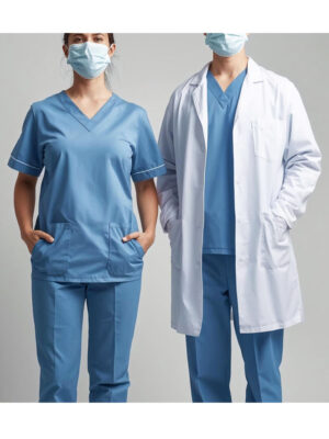 hospital uniform two medical staff standing side by person is wearing a nurse uniform and doctor uniform by TNLX uniform manufacturer